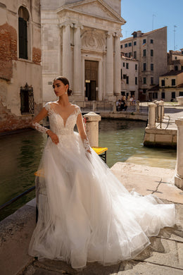 A-Line Wedding Dress with Illusion Long Sleeves and Lace Appliqués