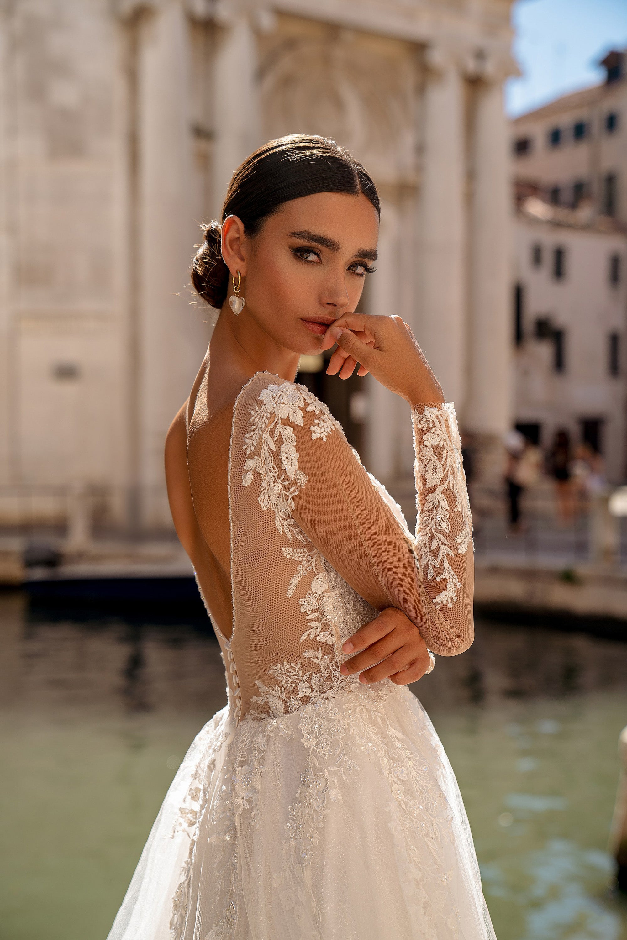 A-Line Wedding Dress with Illusion Long Sleeves and Lace Appliqués