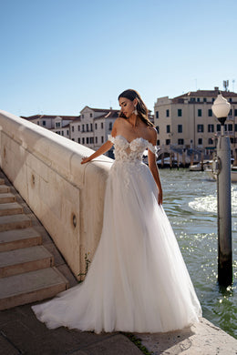 Off-The-Shoulder A-Line Wedding Dress with Lace Appliqués