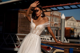Off-The-Shoulder A-Line Wedding Dress with Beaded Lace Bodice