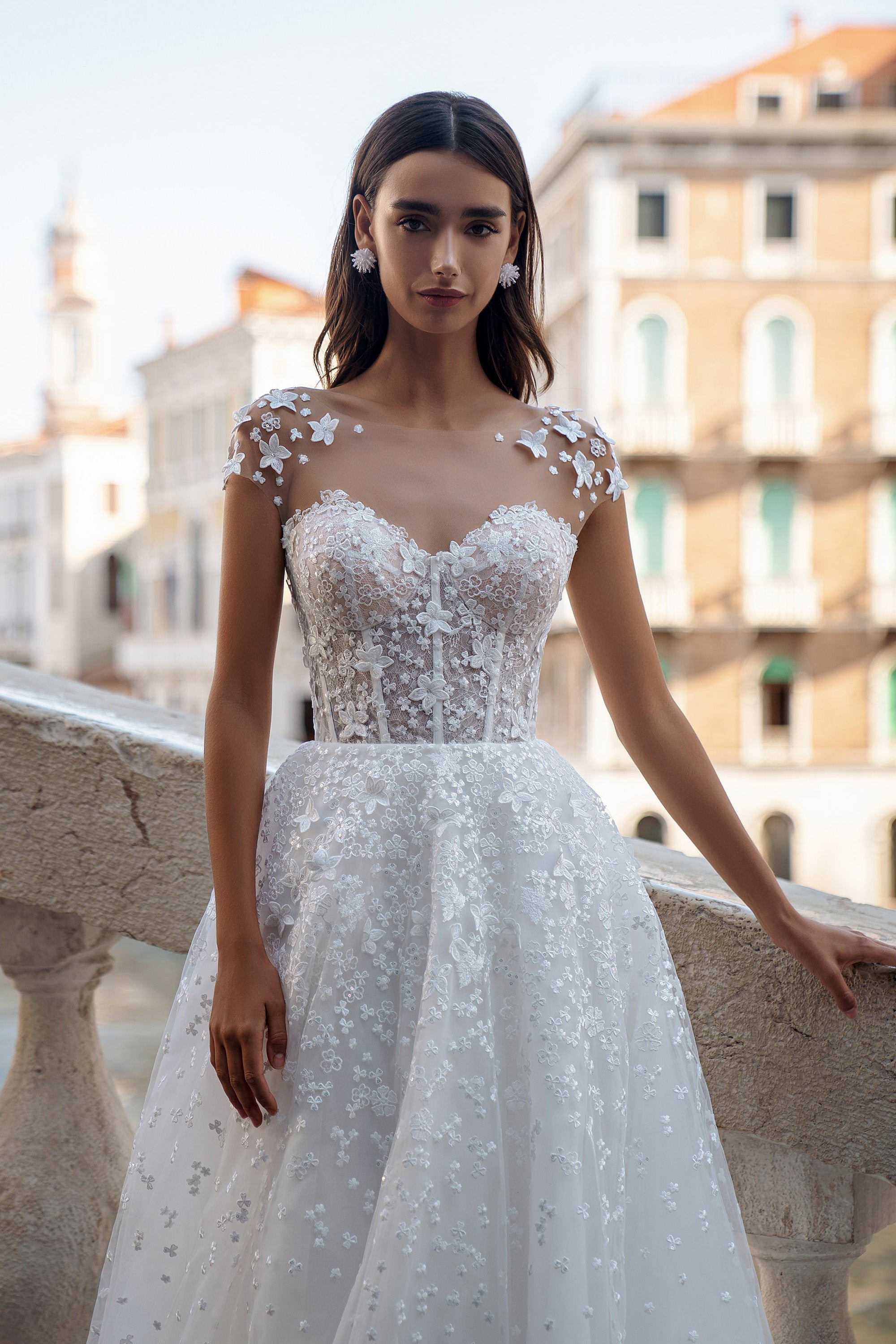 Illusion Cap Sleeve A-Line Wedding Dress with Floral Lace