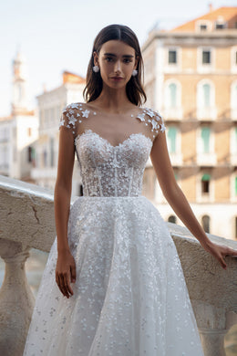 Illusion Cap Sleeve A-Line Wedding Dress with Floral Lace