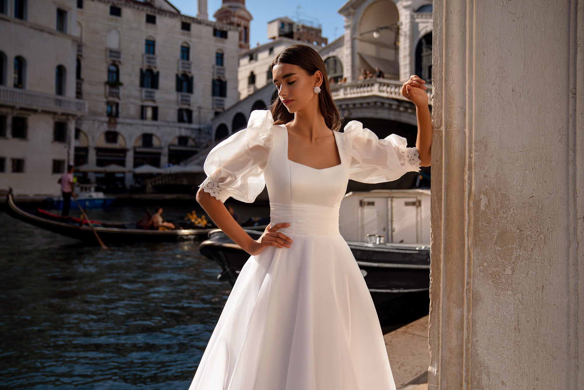 A-Line Wedding Dress with Square Neckline and Puff Sleeves