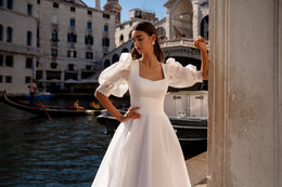 A-Line Wedding Dress with Square Neckline and Puff Sleeves