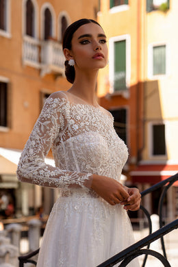 Sparkly A-Line Wedding Dress with Illusion Long Sleeves