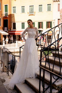 Sparkly A-Line Wedding Dress with Illusion Long Sleeves