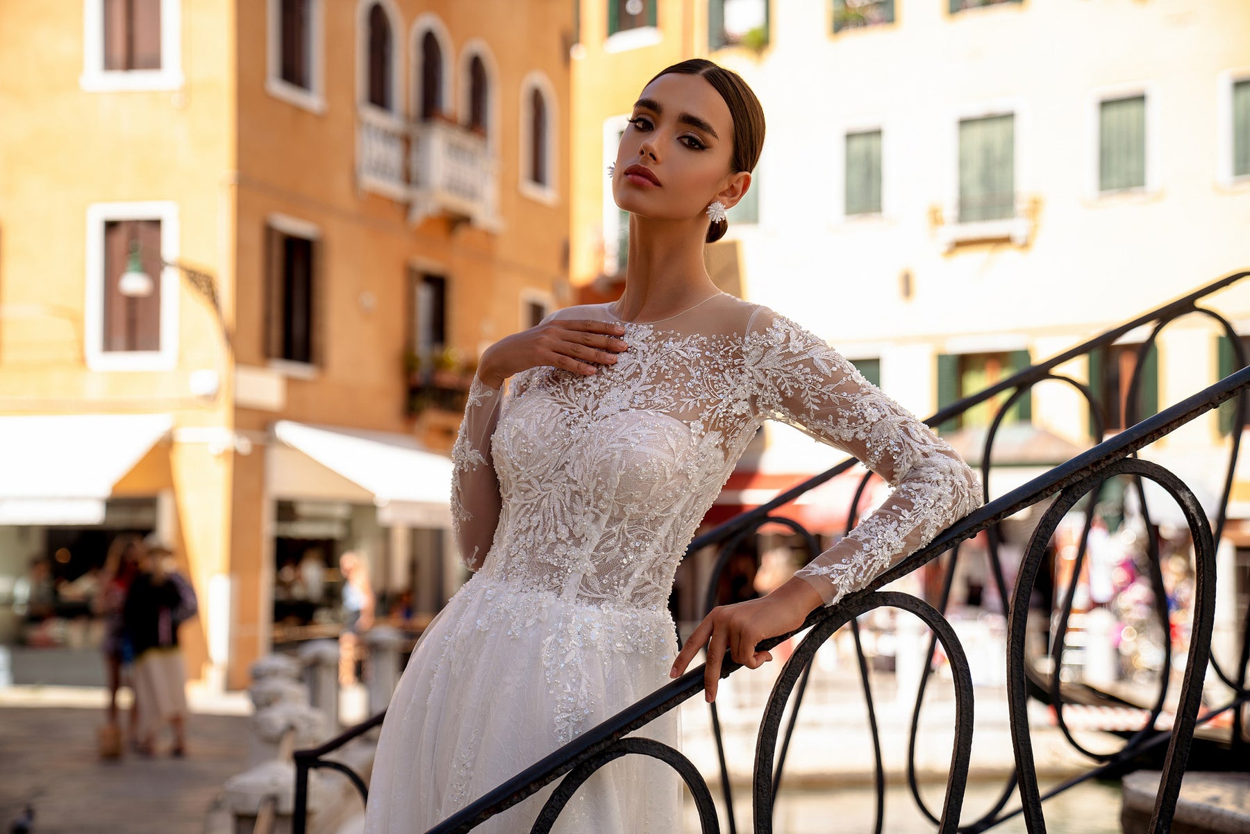 Sparkly A-Line Wedding Dress with Illusion Long Sleeves