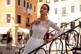 Sparkly A-Line Wedding Dress with Illusion Long Sleeves