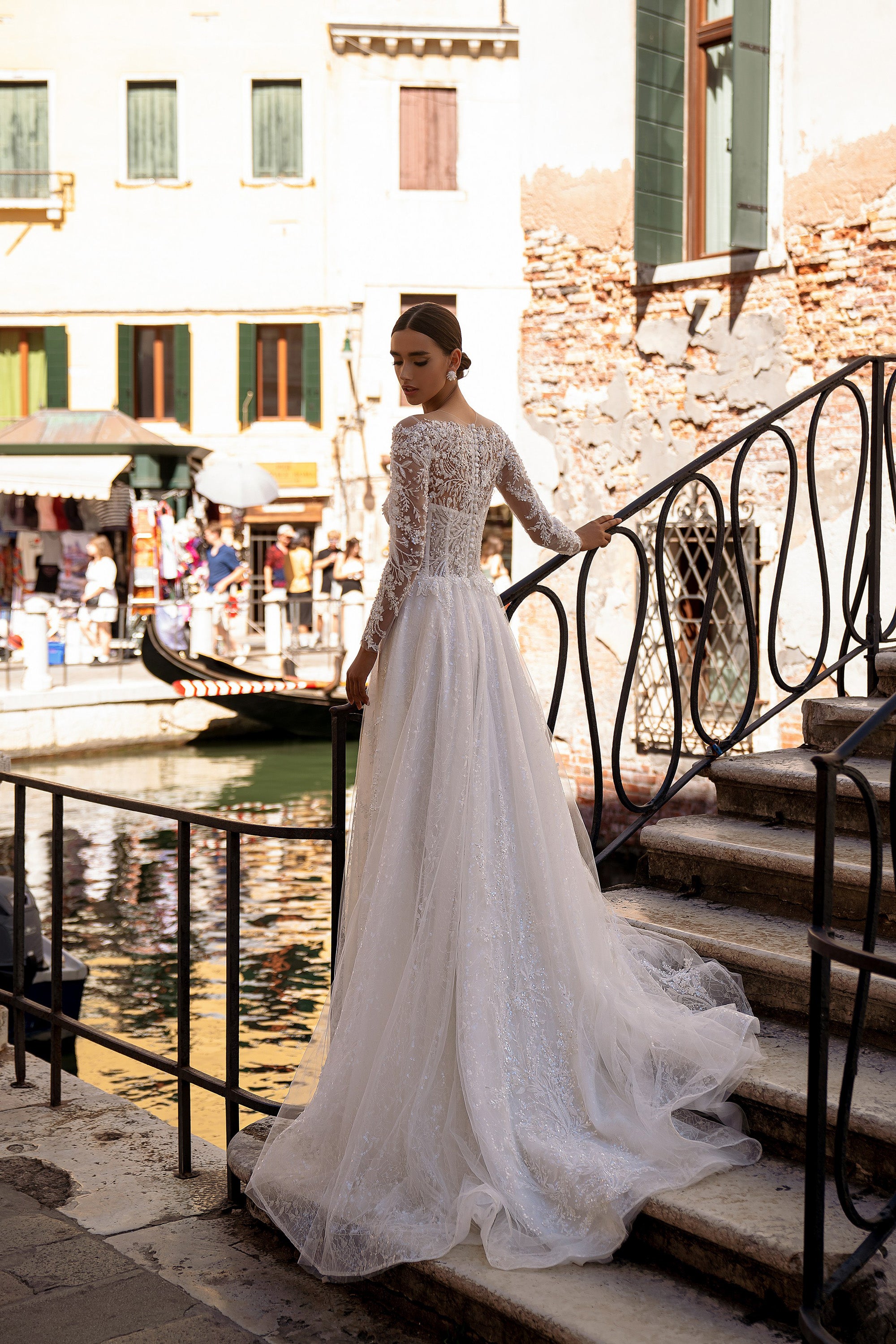 Sparkly A-Line Wedding Dress with Illusion Long Sleeves