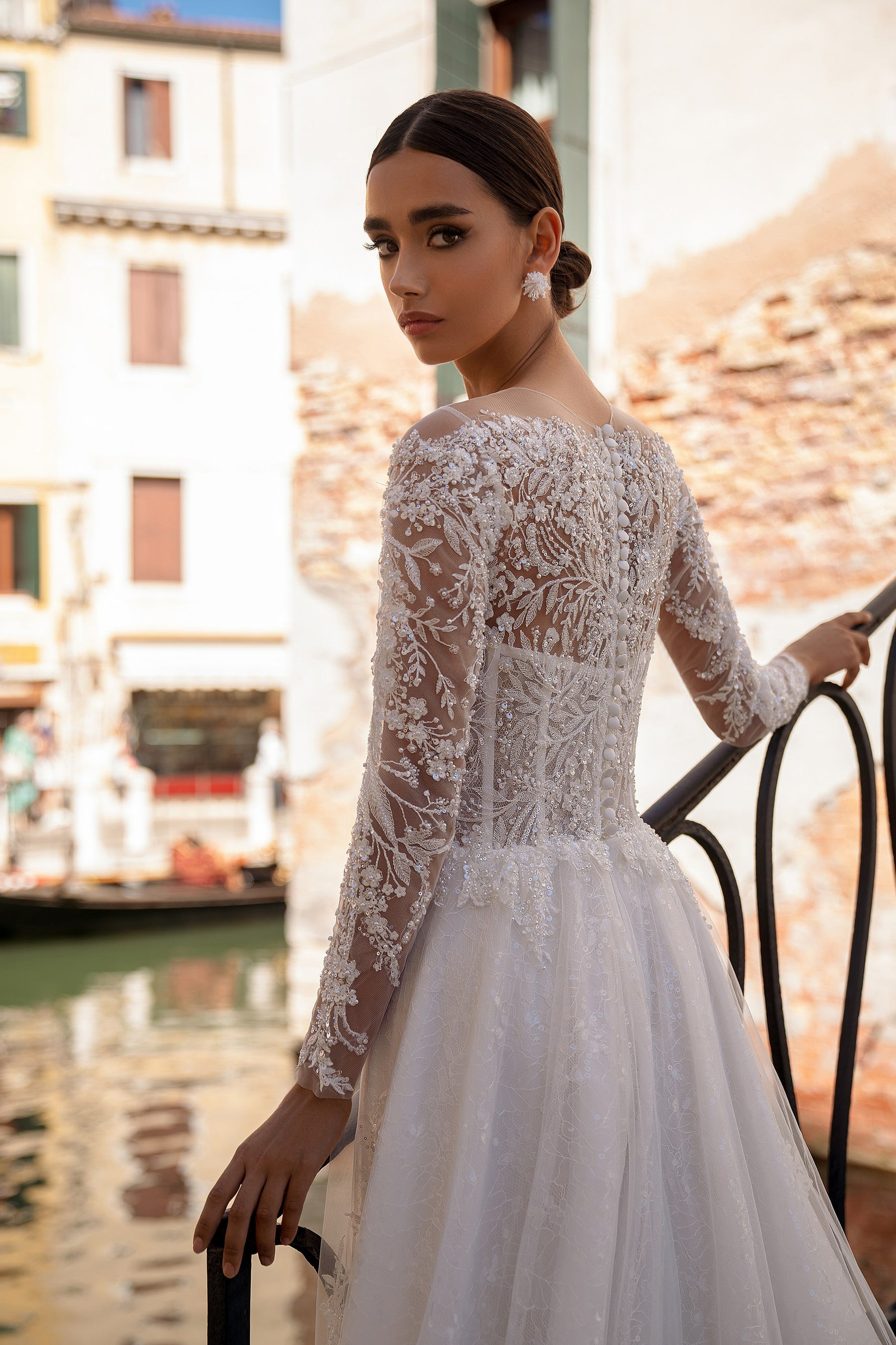 Sparkly A-Line Wedding Dress with Illusion Long Sleeves