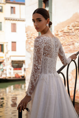 Sparkly A-Line Wedding Dress with Illusion Long Sleeves