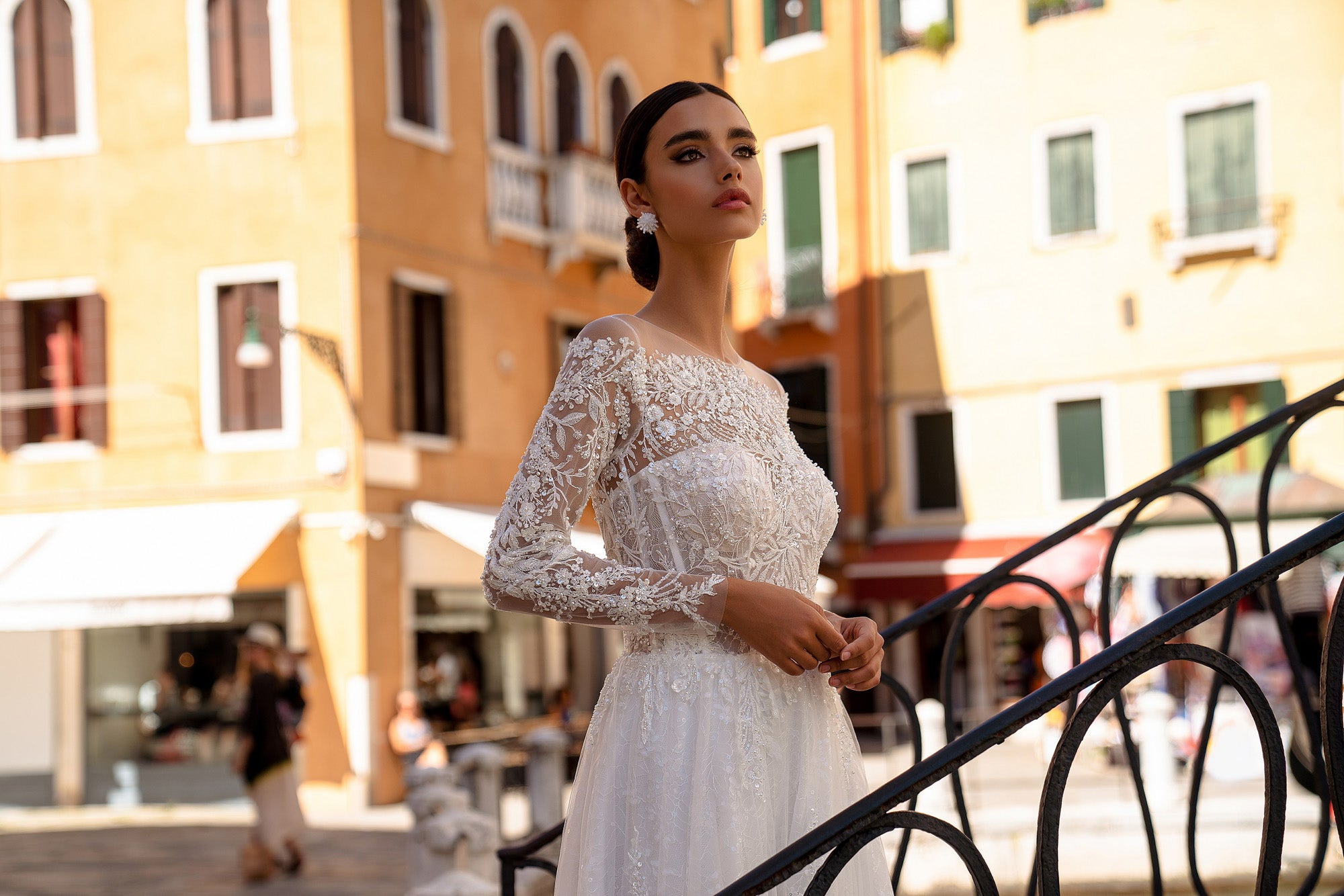 Sparkly A-Line Wedding Dress with Illusion Long Sleeves