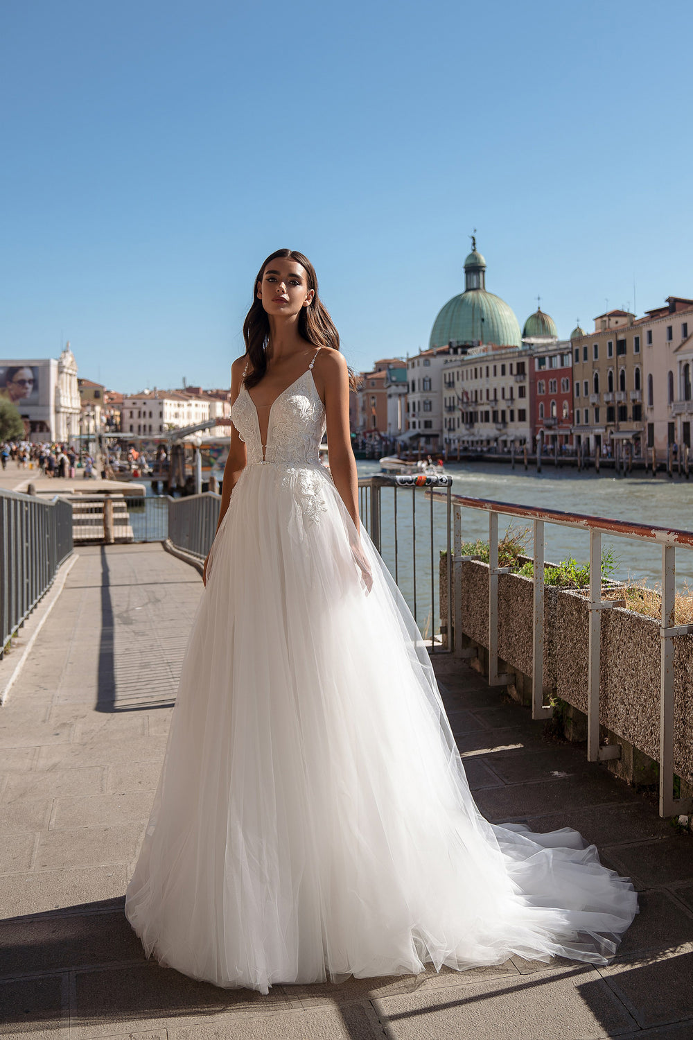 A-Line Wedding Dress with Pearl Straps and Floral Lace Bodice