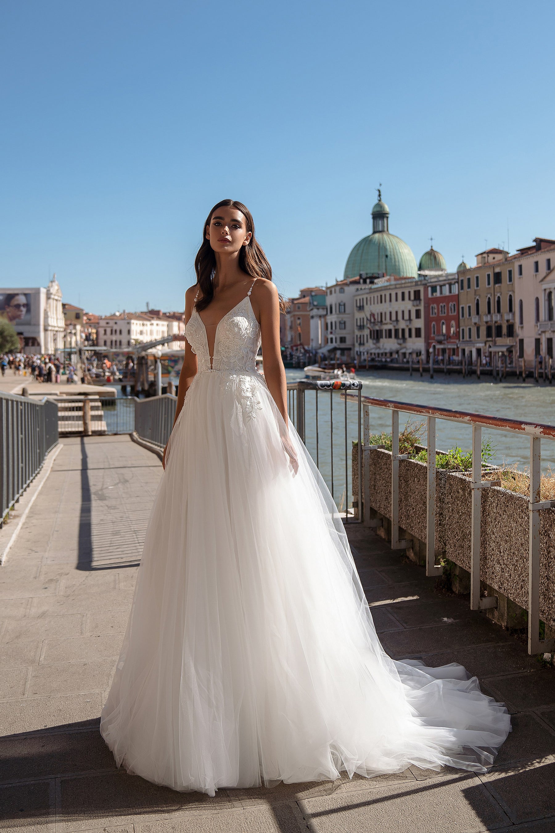 A-Line Wedding Dress with Pearl Straps and Floral Lace Bodice