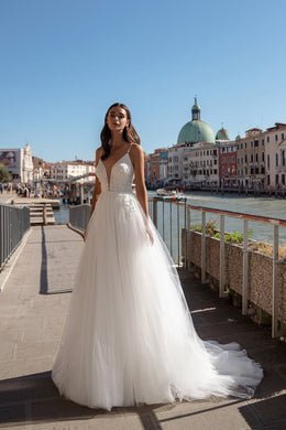A-Line Wedding Dress with Pearl Straps and Floral Lace Bodice