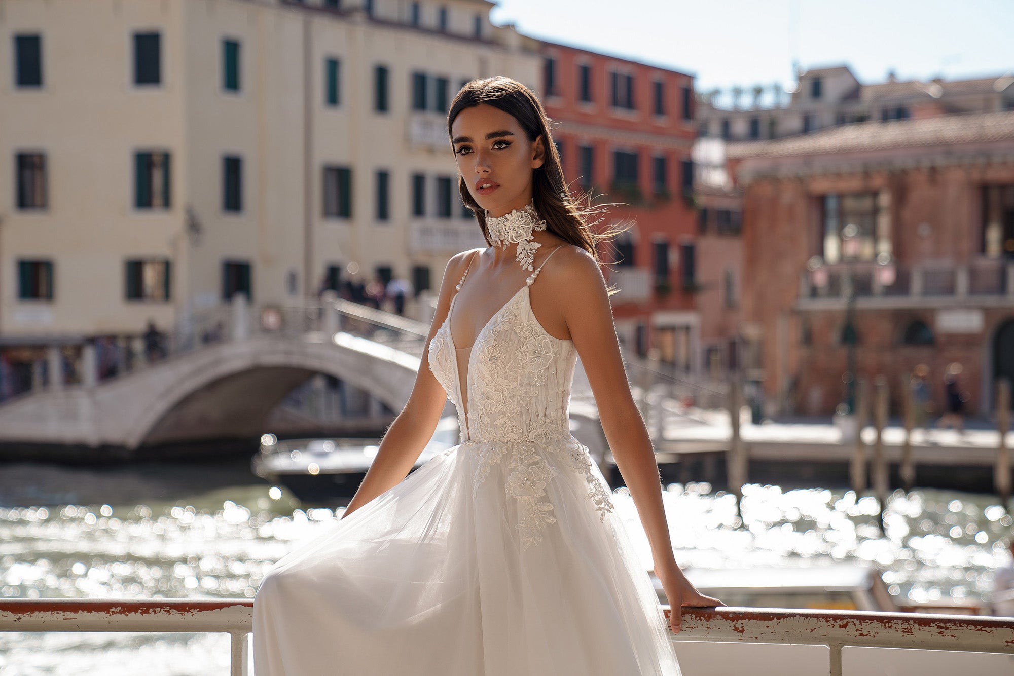 A-Line Wedding Dress with Pearl Straps and Floral Lace Bodice