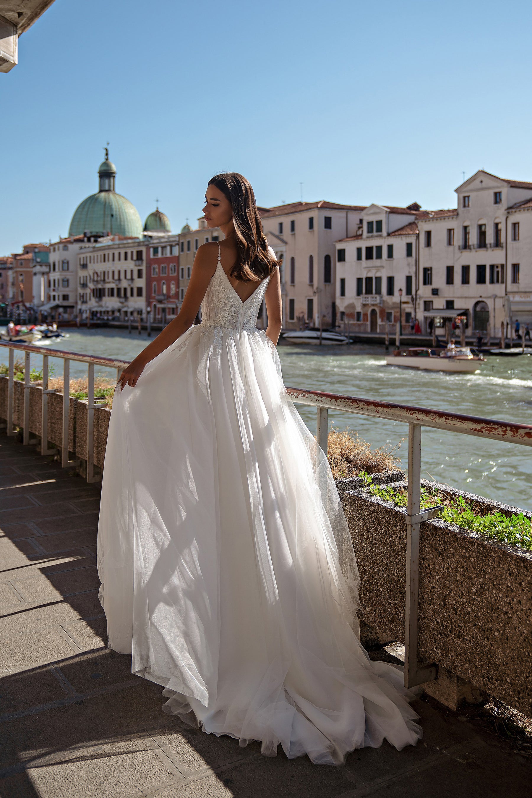 A-Line Wedding Dress with Pearl Straps and Floral Lace Bodice