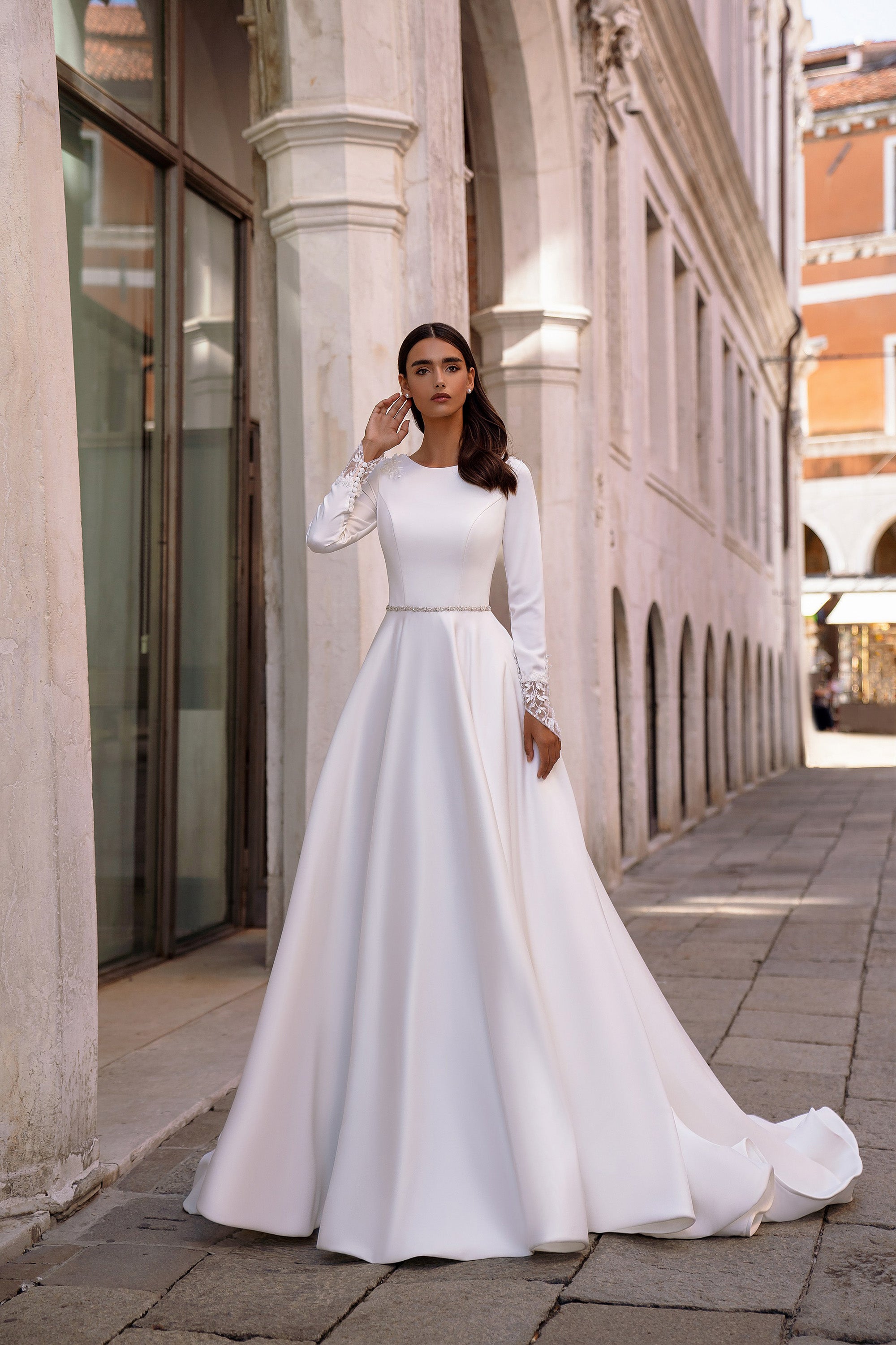 Long Sleeve A-Line Wedding Dress with Illusion Lace Back