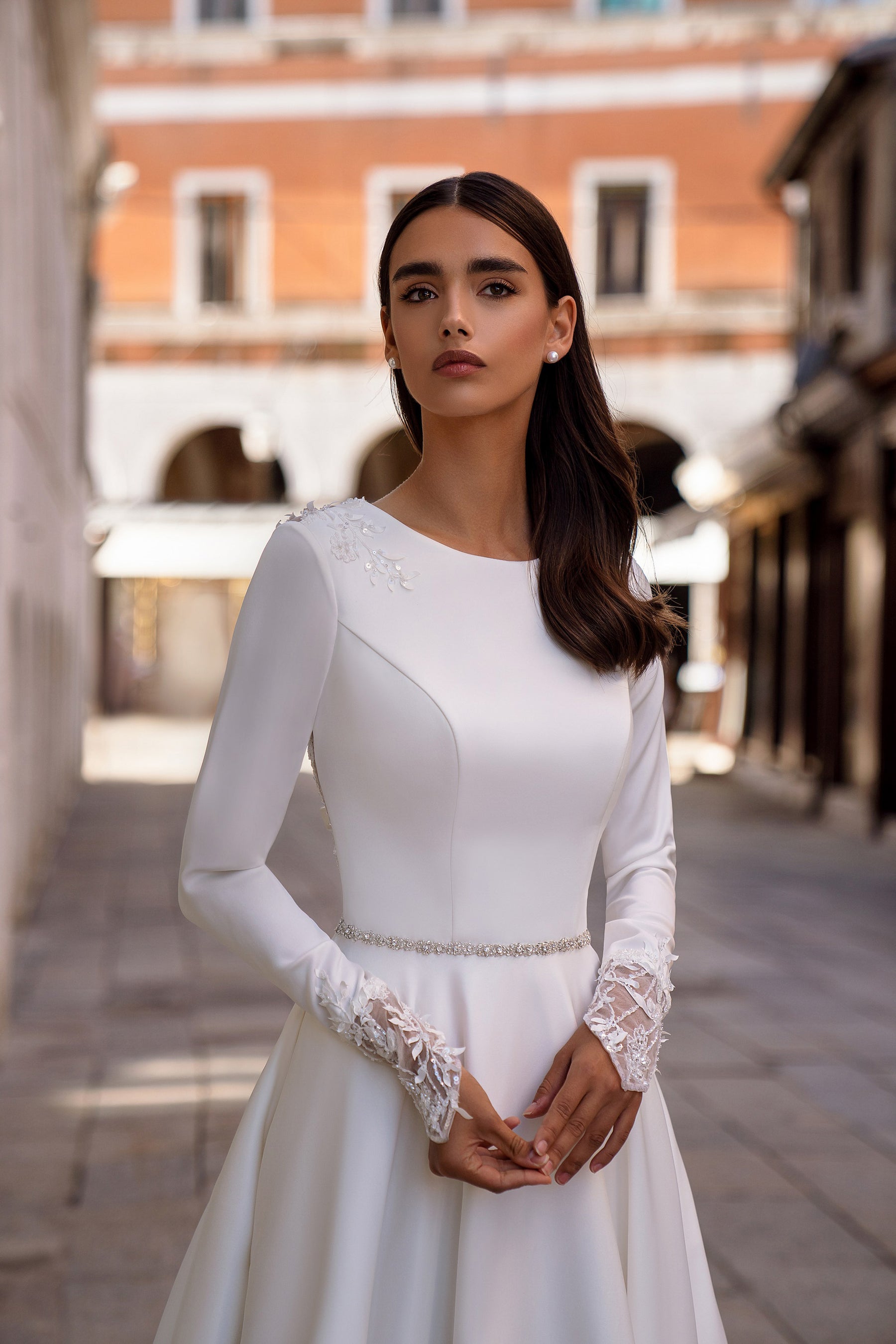 Long Sleeve A-Line Wedding Dress with Illusion Lace Back