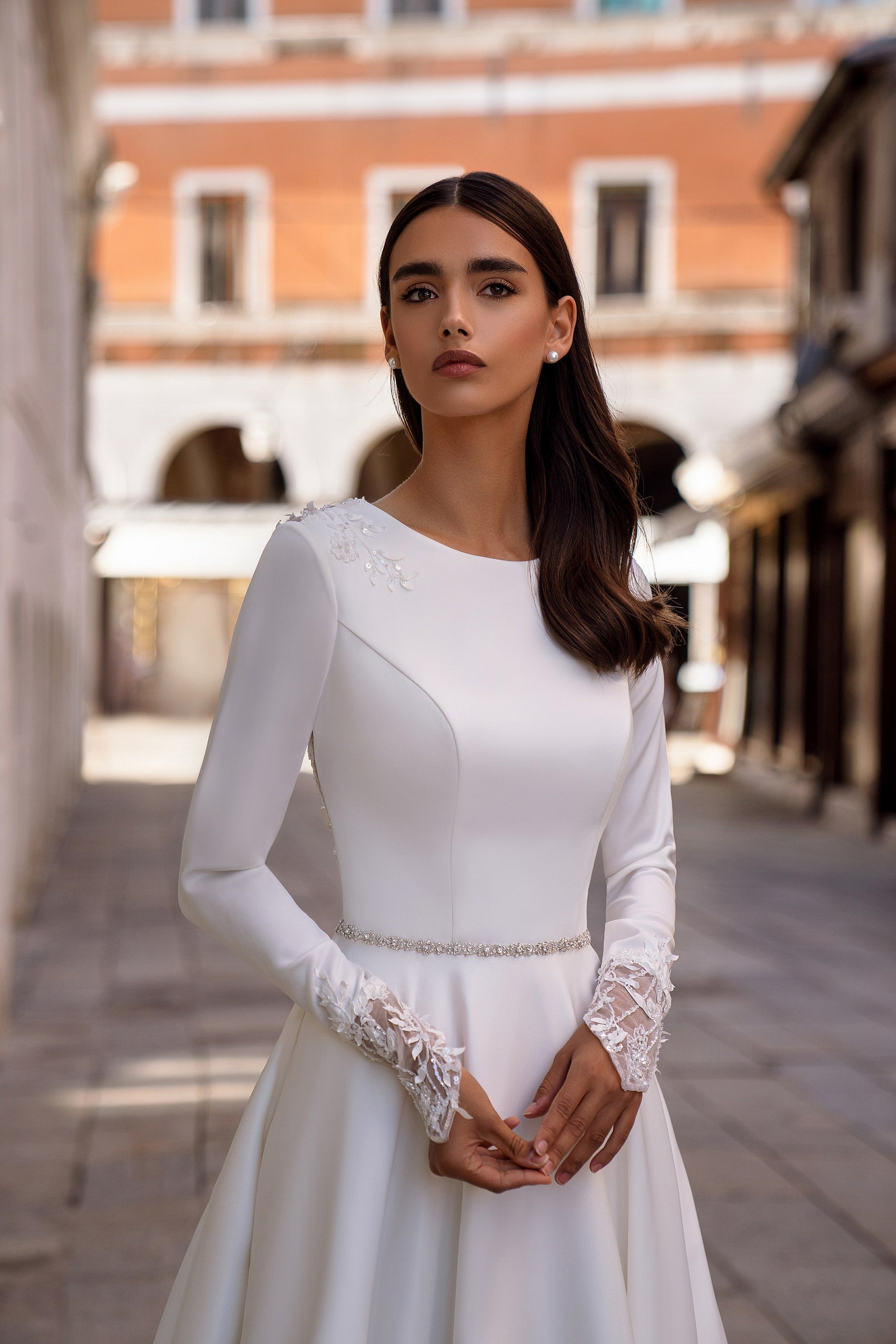 Long Sleeve A-Line Wedding Dress with Illusion Lace Back