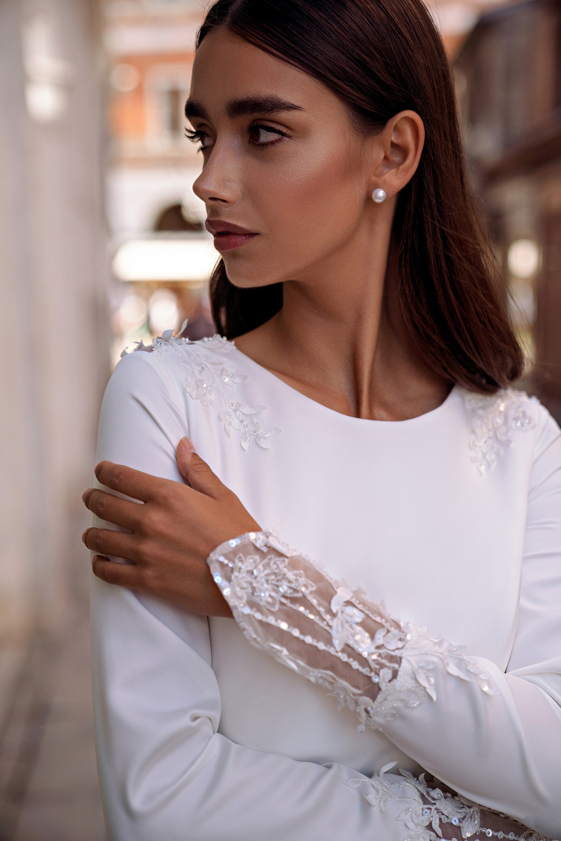 Long Sleeve A-Line Wedding Dress with Illusion Lace Back