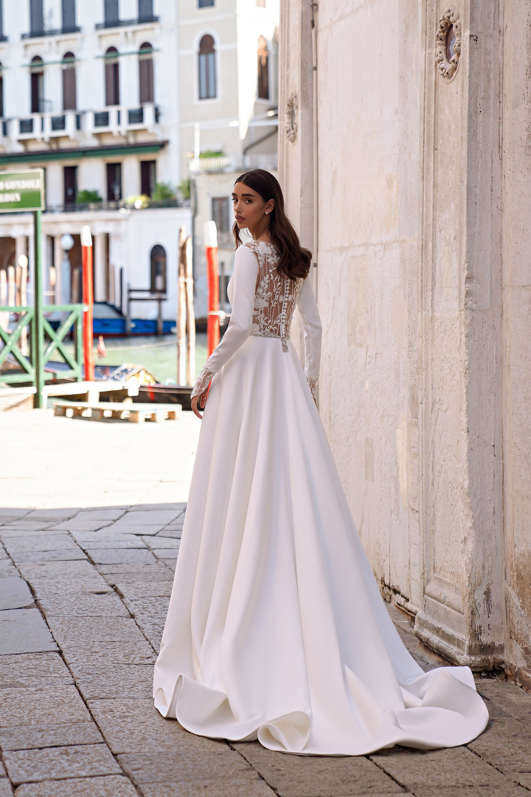 Long Sleeve A-Line Wedding Dress with Illusion Lace Back