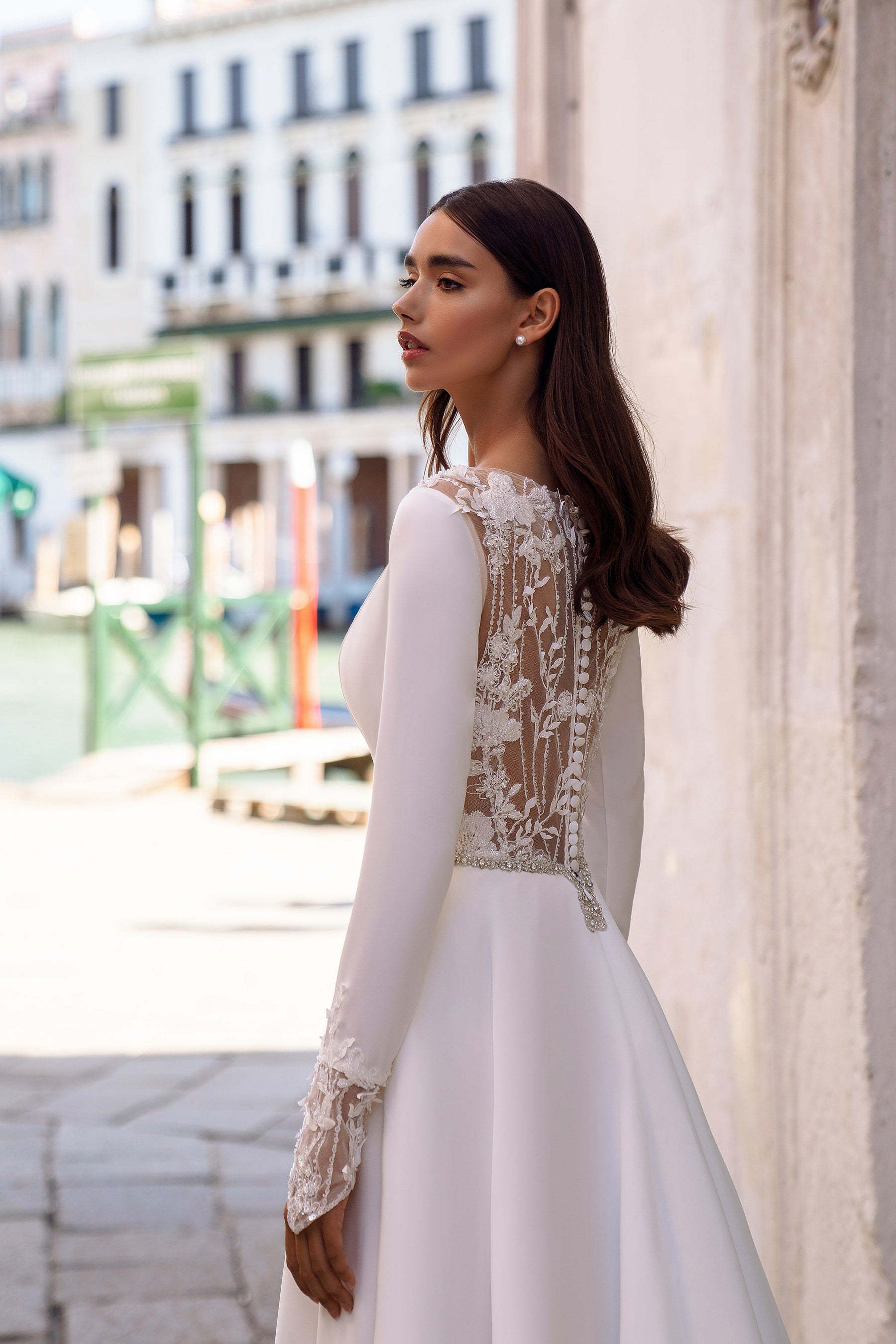 Long Sleeve A-Line Wedding Dress with Illusion Lace Back