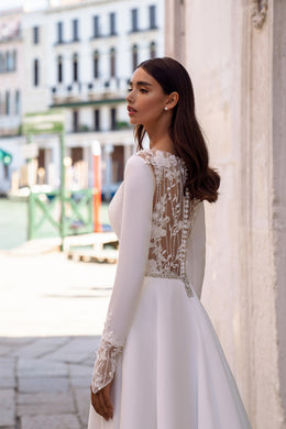 Long Sleeve A-Line Wedding Dress with Illusion Lace Back