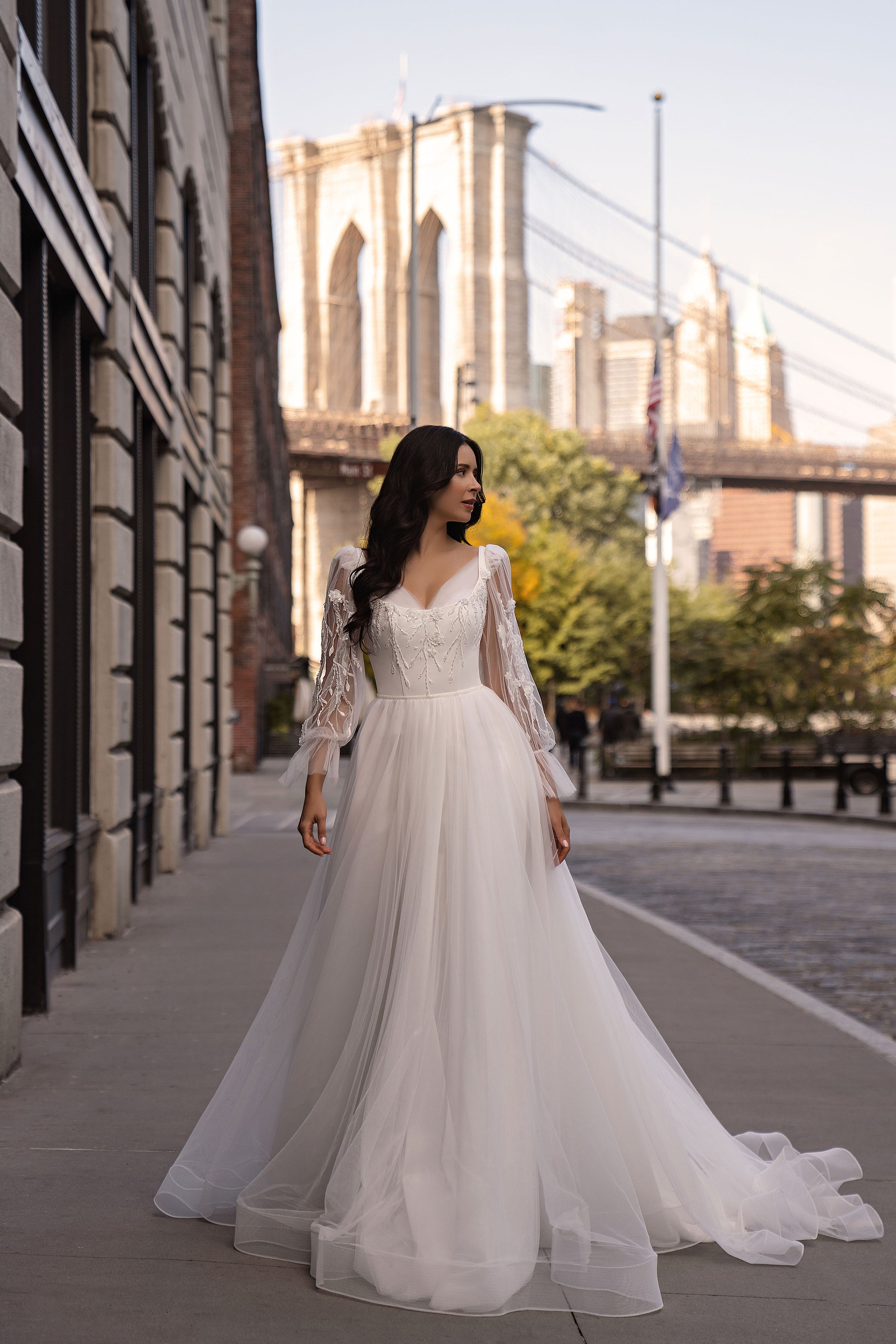 Tulle A-Line Wedding Dress with Floral Lace Bishop Sleeves