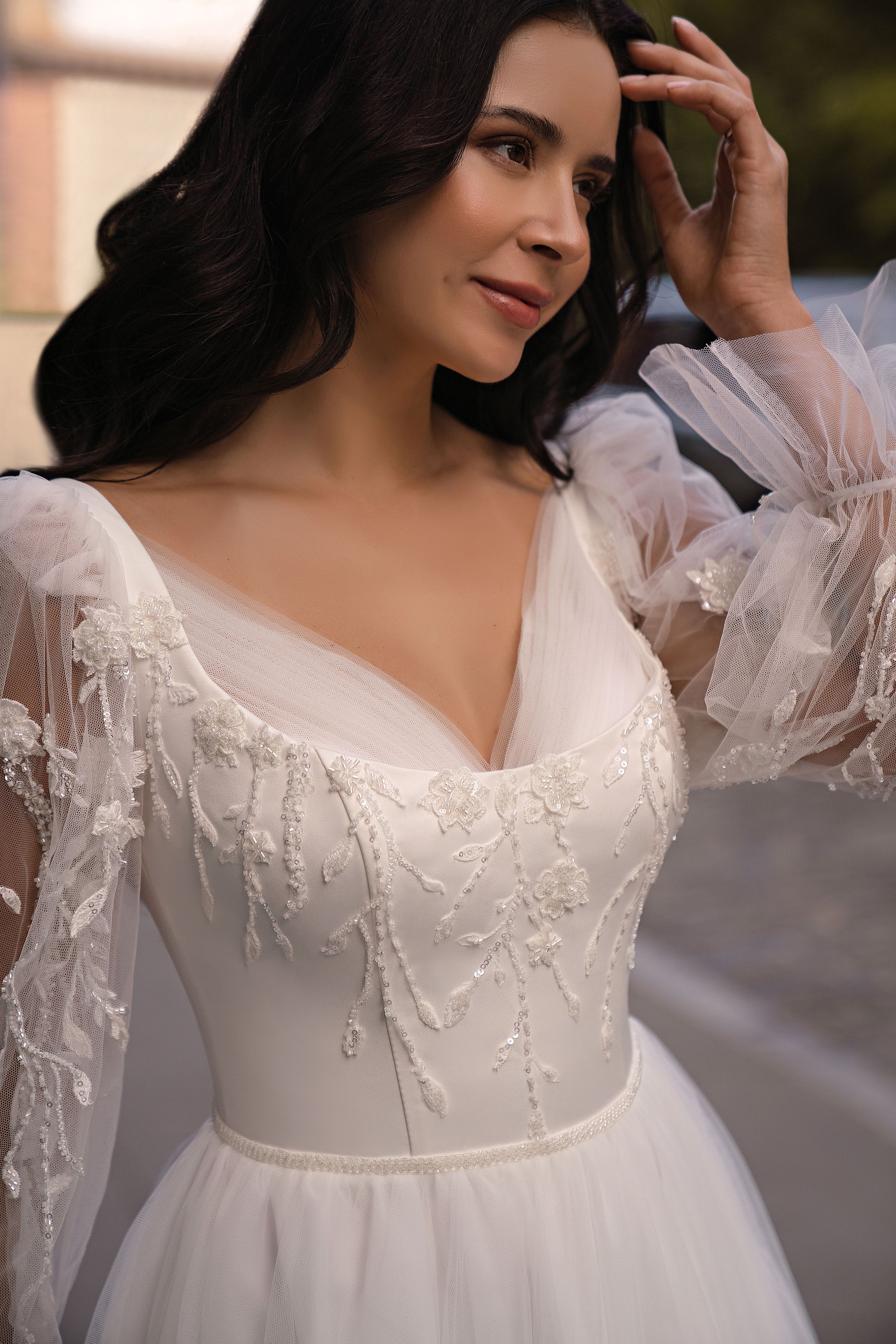 Tulle A-Line Wedding Dress with Floral Lace Bishop Sleeves