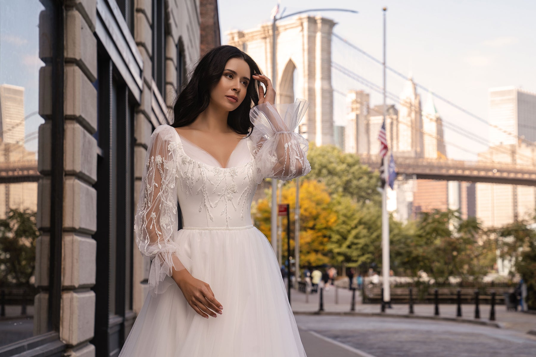 Tulle A-Line Wedding Dress with Floral Lace Bishop Sleeves