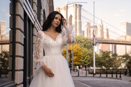 Tulle A-Line Wedding Dress with Floral Lace Bishop Sleeves