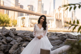 Tulle A-Line Wedding Dress with Floral Lace Bishop Sleeves