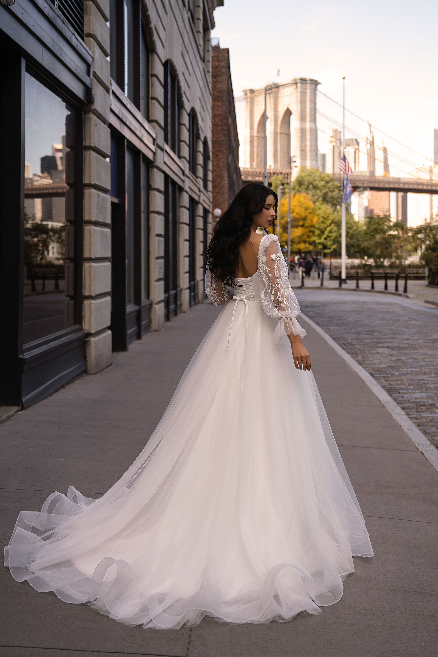 Tulle A-Line Wedding Dress with Floral Lace Bishop Sleeves