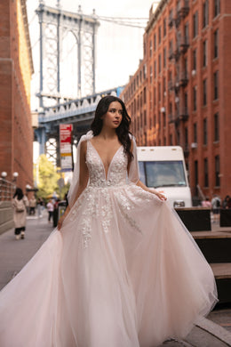 Blush Tulle A-Line Wedding Dress with Floral Lace Appliqués