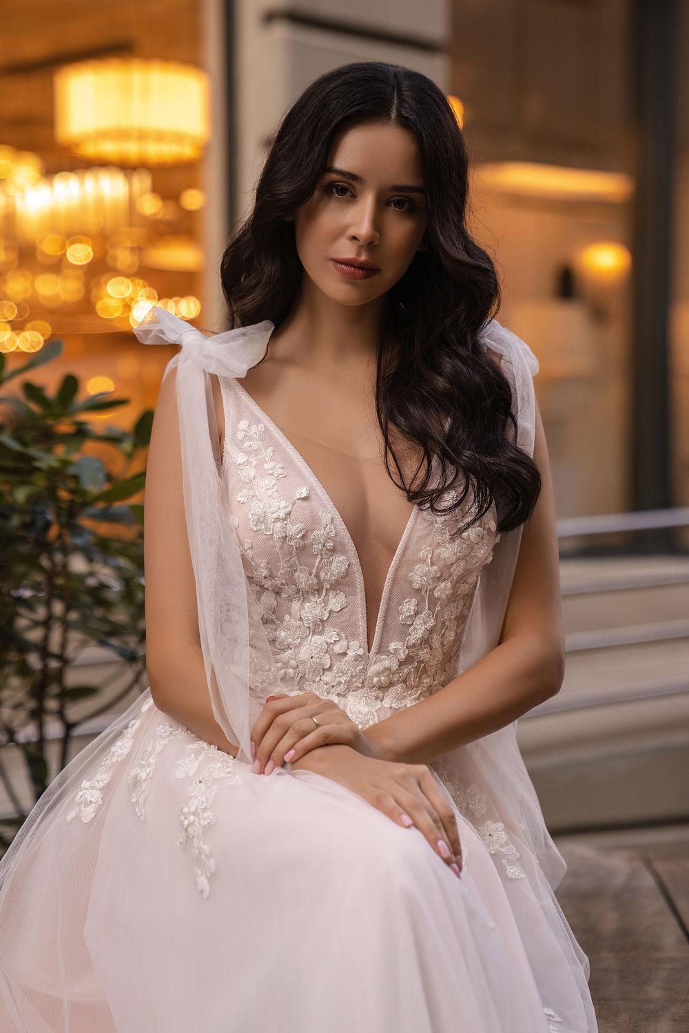 Blush Tulle A-Line Wedding Dress with Floral Lace Appliqués