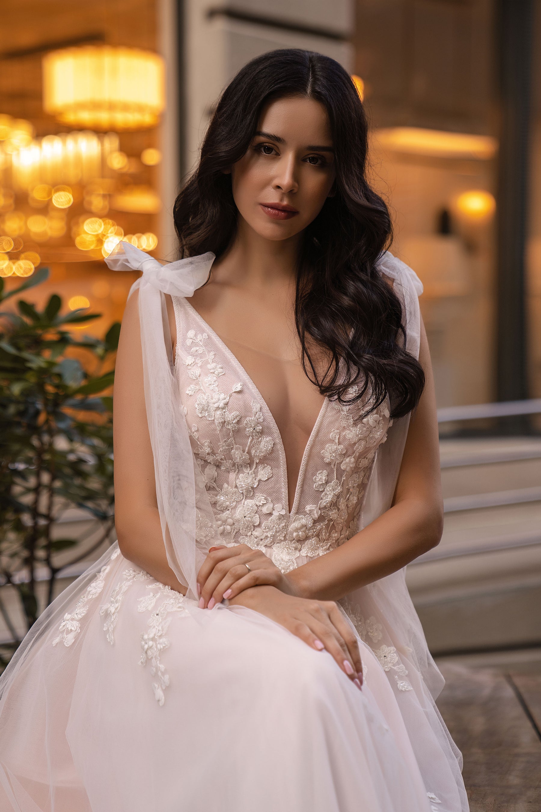 Blush Tulle A-Line Wedding Dress with Floral Lace Appliqués