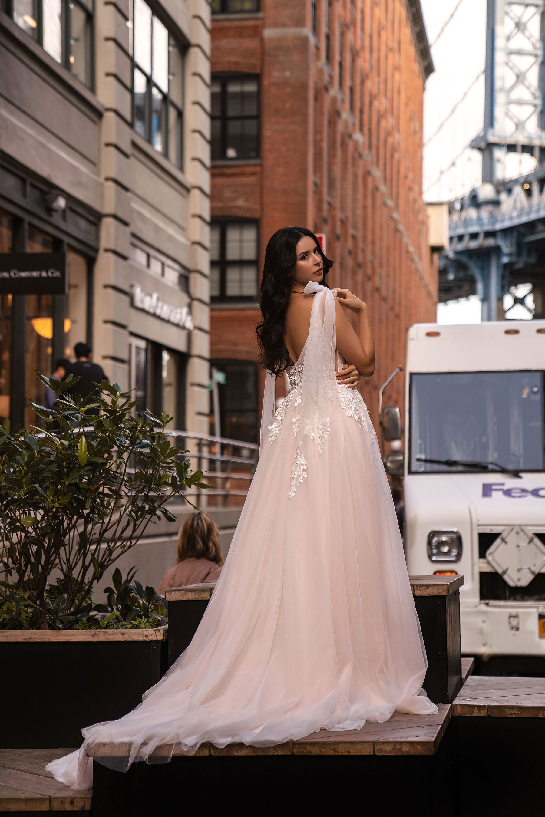 Blush Tulle A-Line Wedding Dress with Floral Lace Appliqués