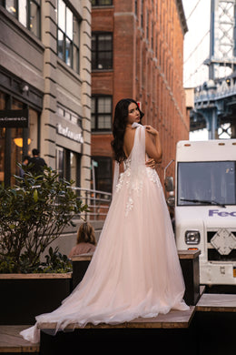 Blush Tulle A-Line Wedding Dress with Floral Lace Appliqués
