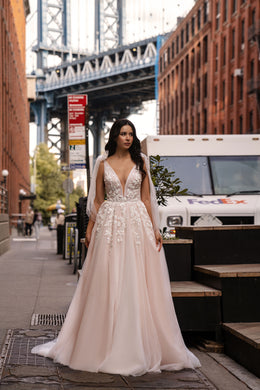 Blush Tulle A-Line Wedding Dress with Floral Lace Appliqués