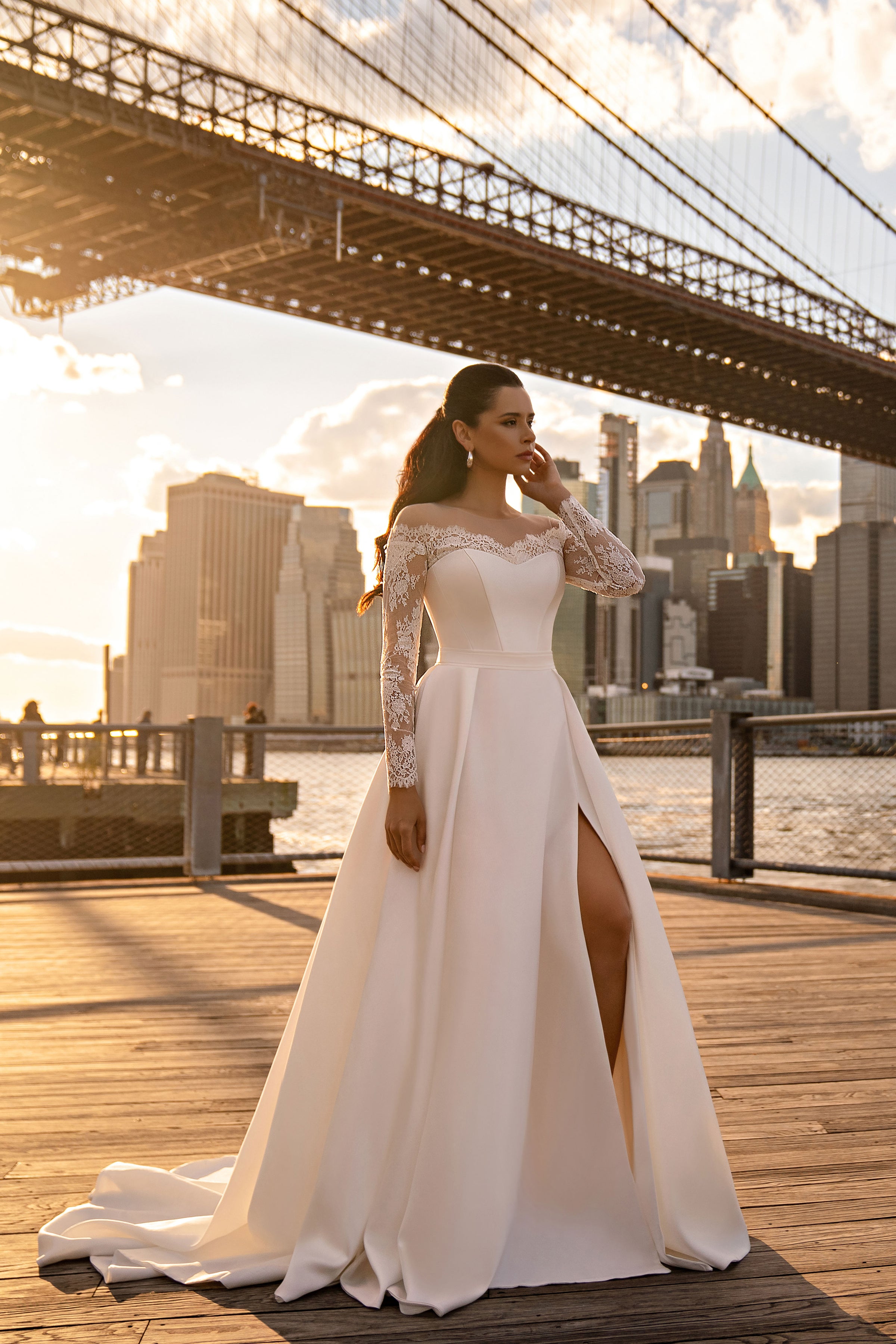 Satin A-Line Wedding Dress with Off-Shoulder Lace Sleeves and Slit