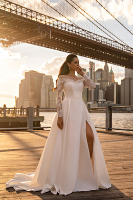 Satin A-Line Wedding Dress with Off-Shoulder Lace Sleeves and Slit