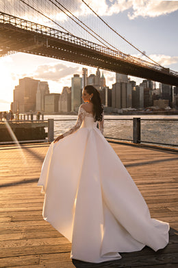 Satin A-Line Wedding Dress with Off-Shoulder Lace Sleeves and Slit