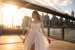 Satin A-Line Wedding Dress with Off-Shoulder Lace Sleeves and Slit