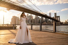 Satin A-Line Wedding Dress with Off-Shoulder Lace Sleeves and Slit