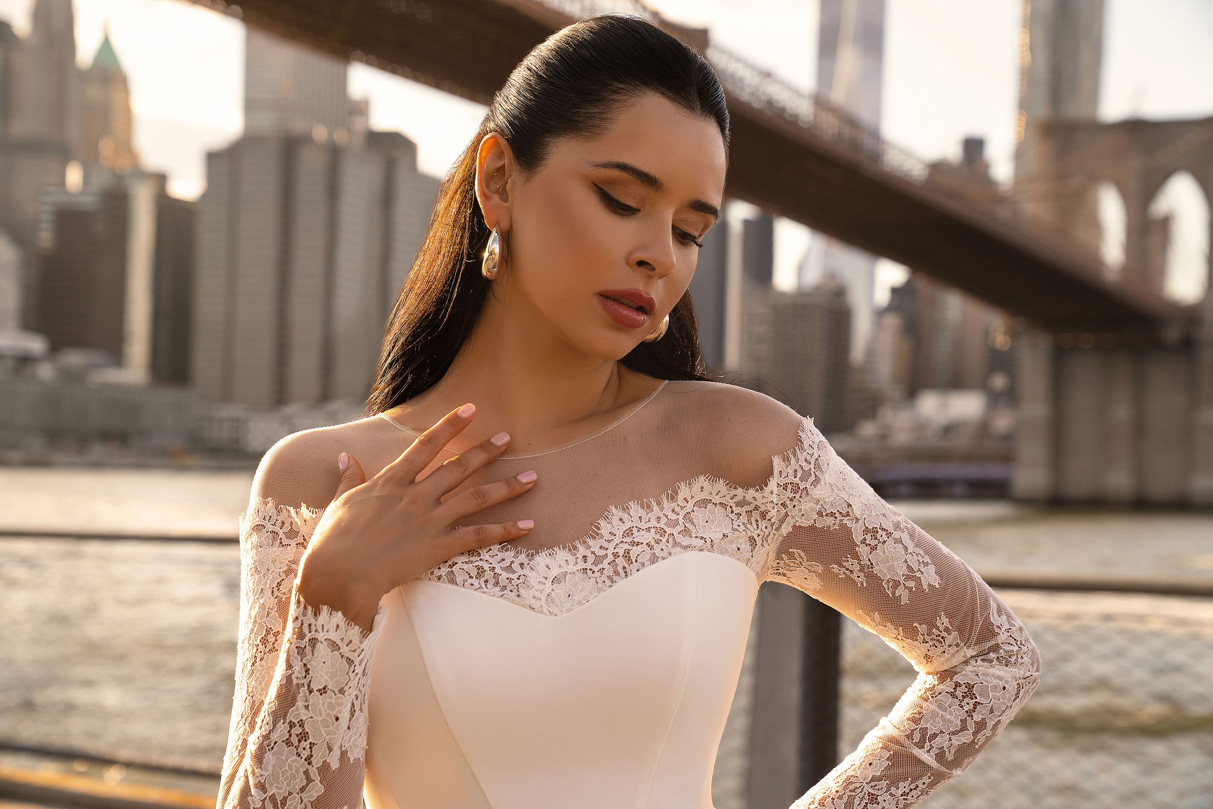 Satin A-Line Wedding Dress with Off-Shoulder Lace Sleeves and Slit