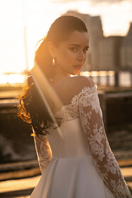 Satin A-Line Wedding Dress with Off-Shoulder Lace Sleeves and Slit