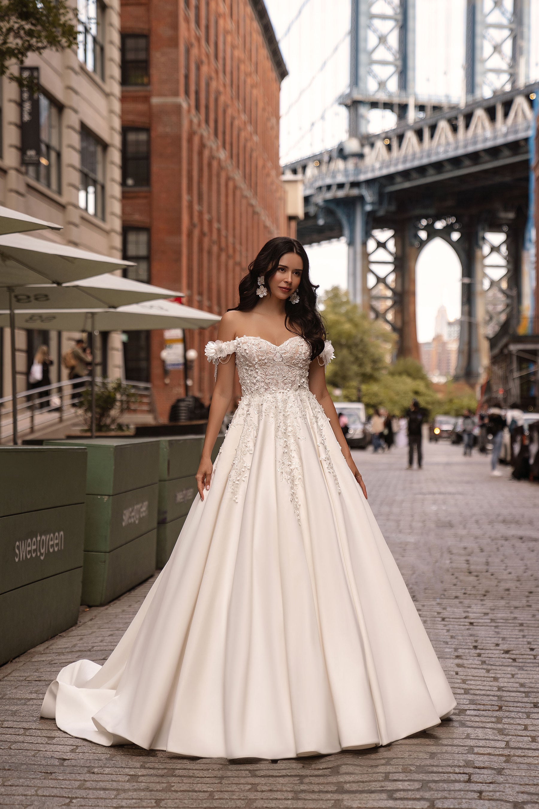 Off-Shoulder Ball Gown Wedding Dress with Floral Appliqués