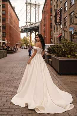 Off-Shoulder Ball Gown Wedding Dress with Floral Appliqués