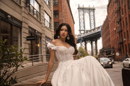 Off-Shoulder Ball Gown Wedding Dress with Floral Appliqués